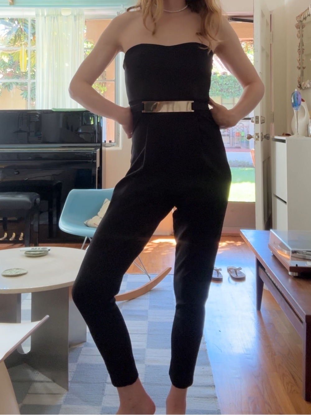 Vintage 90s Strapless Black Jumpsuit with Silver Waist Accent